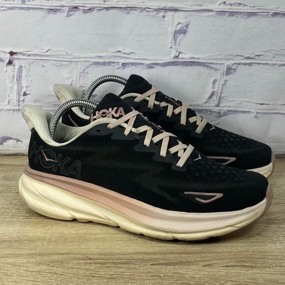 Hoka One One Clifton 9 Running Shoes Women's Size 9 Obsidian Black Pink Sneakers - Picture 1 of 8